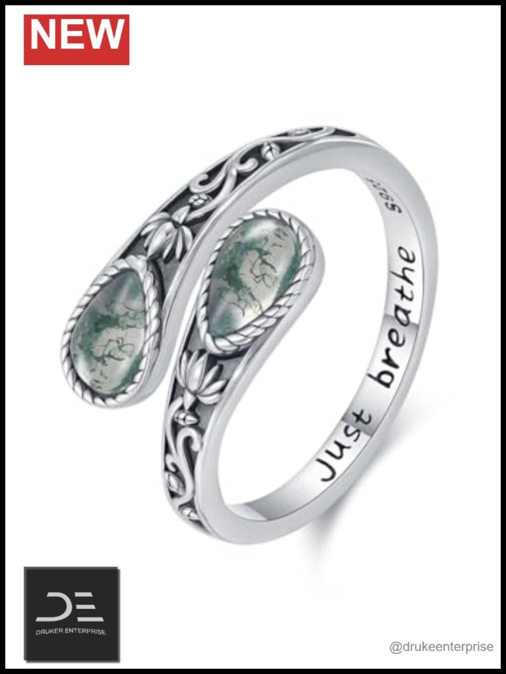 KiiKii 925 Sterling Silver Natural Green Moss Agate Bypass Spoon Ring